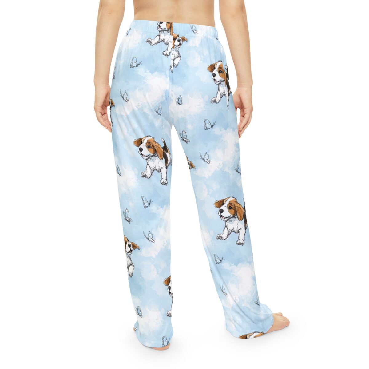 Beagle puppies and butterflies sublimation pajama pants with a blue sky cloud pattern.