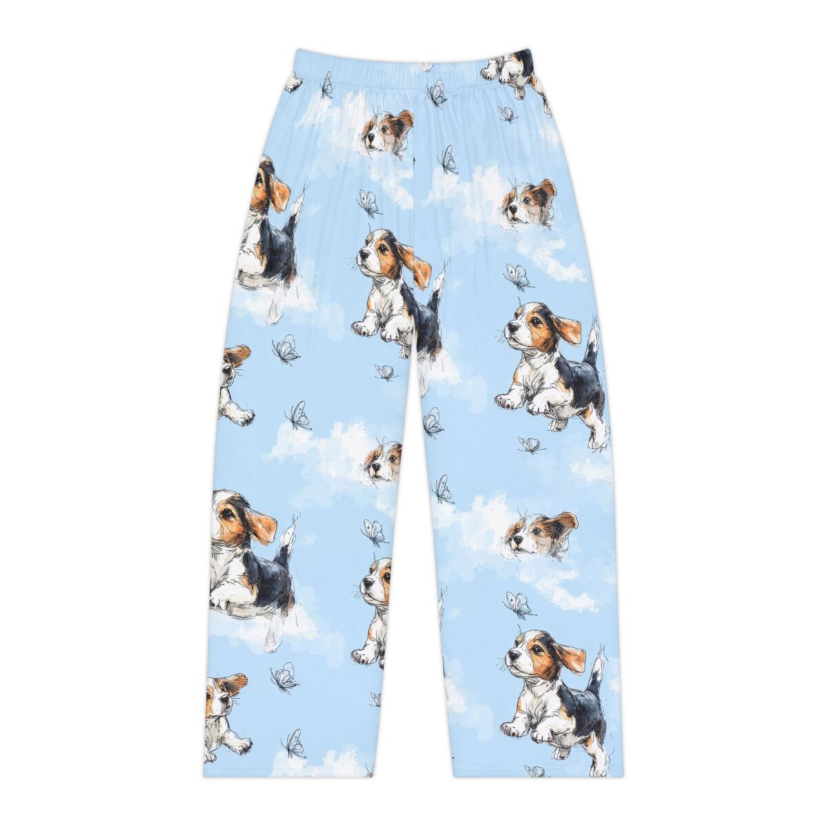 Blue pajama pants featuring a seamless all over print of cute beagle puppies and butterflies scattered among white clouds.