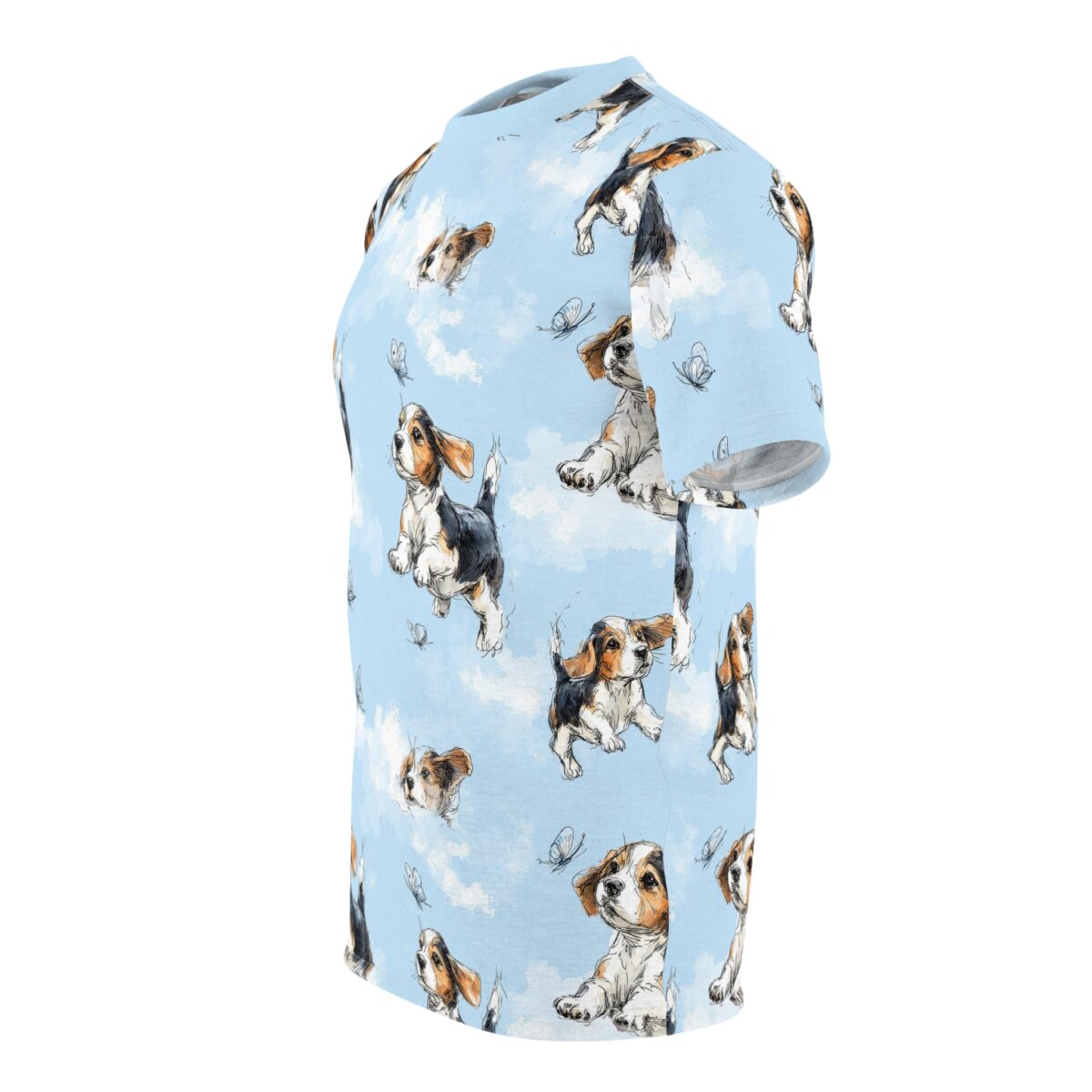 Light blue all over print sublimation tee featuring playful beagle puppies and butterflies scattered across a sky background.