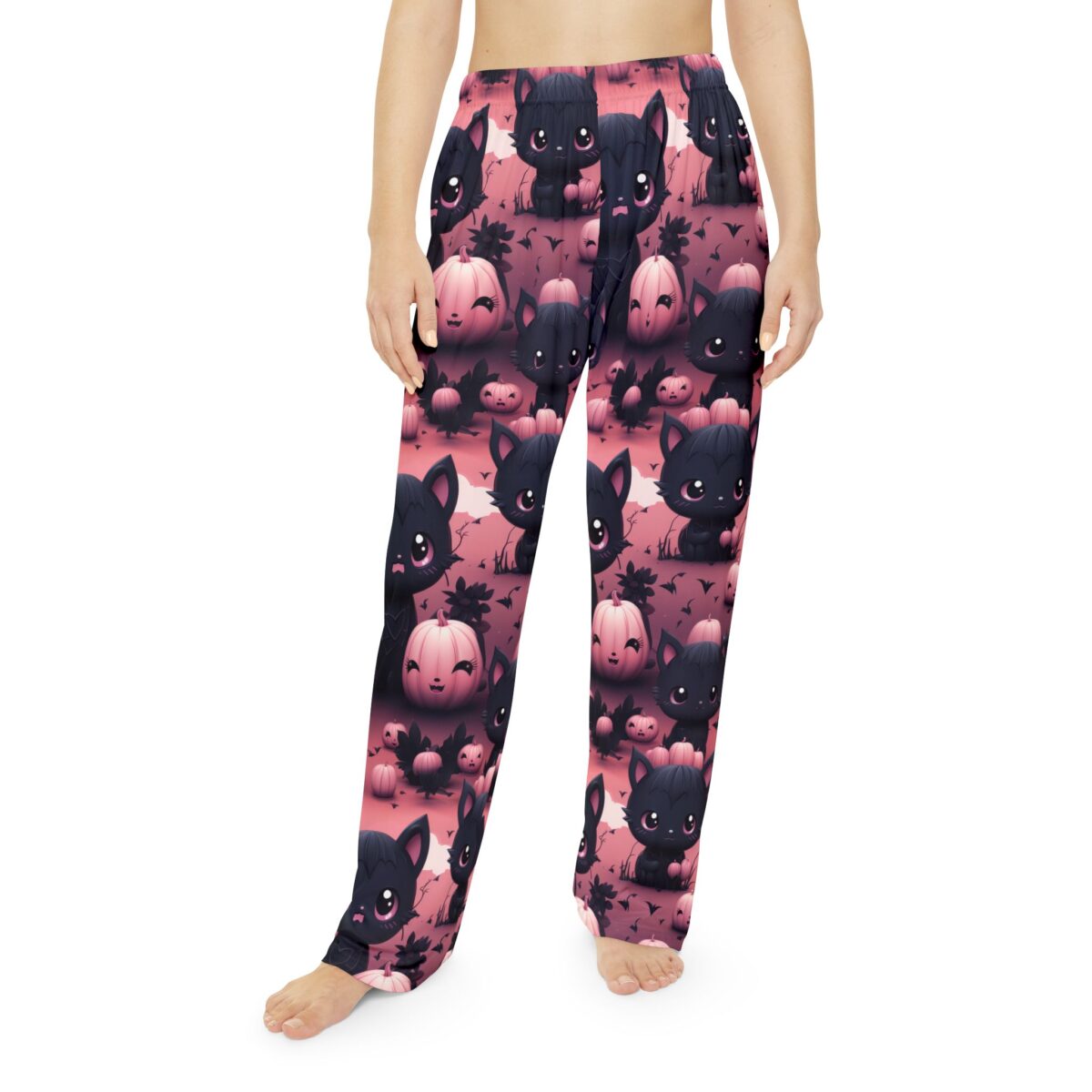 Cute black cat and kawaii pumpkin all over print pajama pants with a pink Halloween theme.