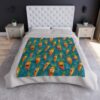 Fleece blanket featuring a repeating pattern of cute cartoon carrots with happy facial expressions on a textured teal background.