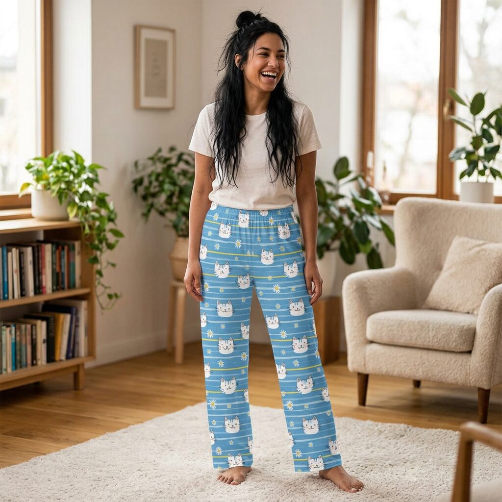 Blue lounge pants with repeating white cat faces and daisies pattern on thin blue stripes.
