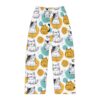 Cute cat illustration seamless print pajama pants with yellow and teal circles, featuring various cat breeds and poses.
