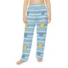 All over print pajama pants featuring a seamless cat and daisy sublimation pattern on blue horizontal stripes.