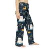 All over print pajama pants featuring cute white cats and yellow ducks on a dark blue pond background with flowers.