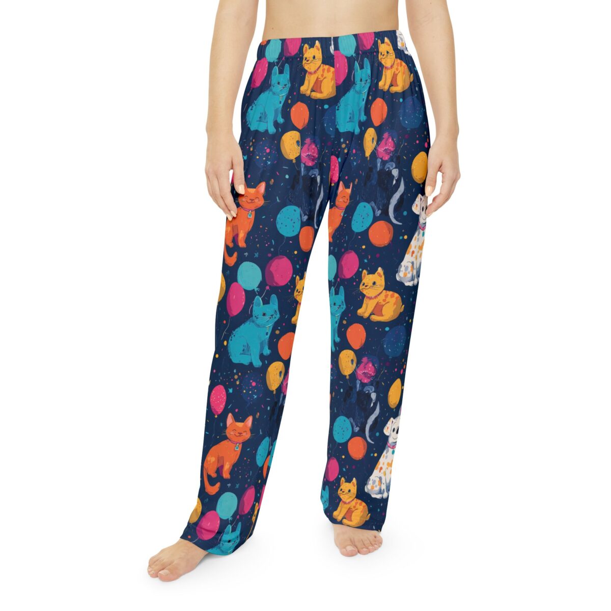 Cute cat and balloon all over print pajama pants, featuring colorful cartoon felines and festive balloons on a dark navy background.