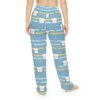 Blue pajama pants with a seamless print of cute cat faces and white daisies on striped background.