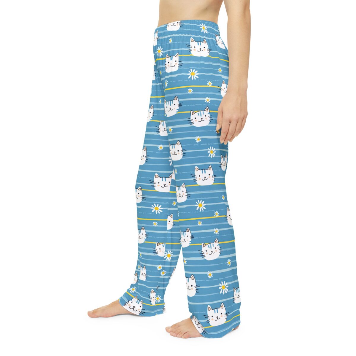 Blue striped pajama pants with an all over print of cute cat faces and daisies.