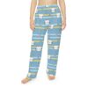 Blue pajama pants with repeating cute cat faces and white daisies, featuring horizontal yellow and light blue stripes.