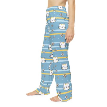 Blue all over print pajama pants featuring cute cartoon cat faces and white flowers on striped background.