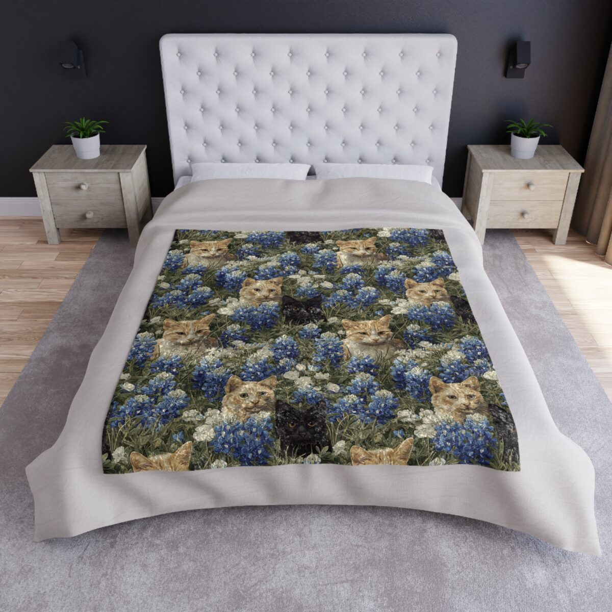 Cute orange and black cats peek through bluebonnets and white wildflowers on a sublimation print blanket.