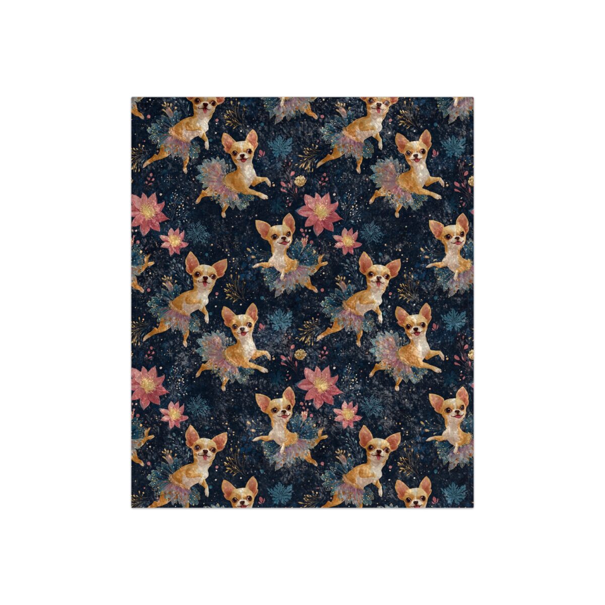 Adorable chihuahuas in ballet tutus dance across this seamless print sublimation tee with floral accents.