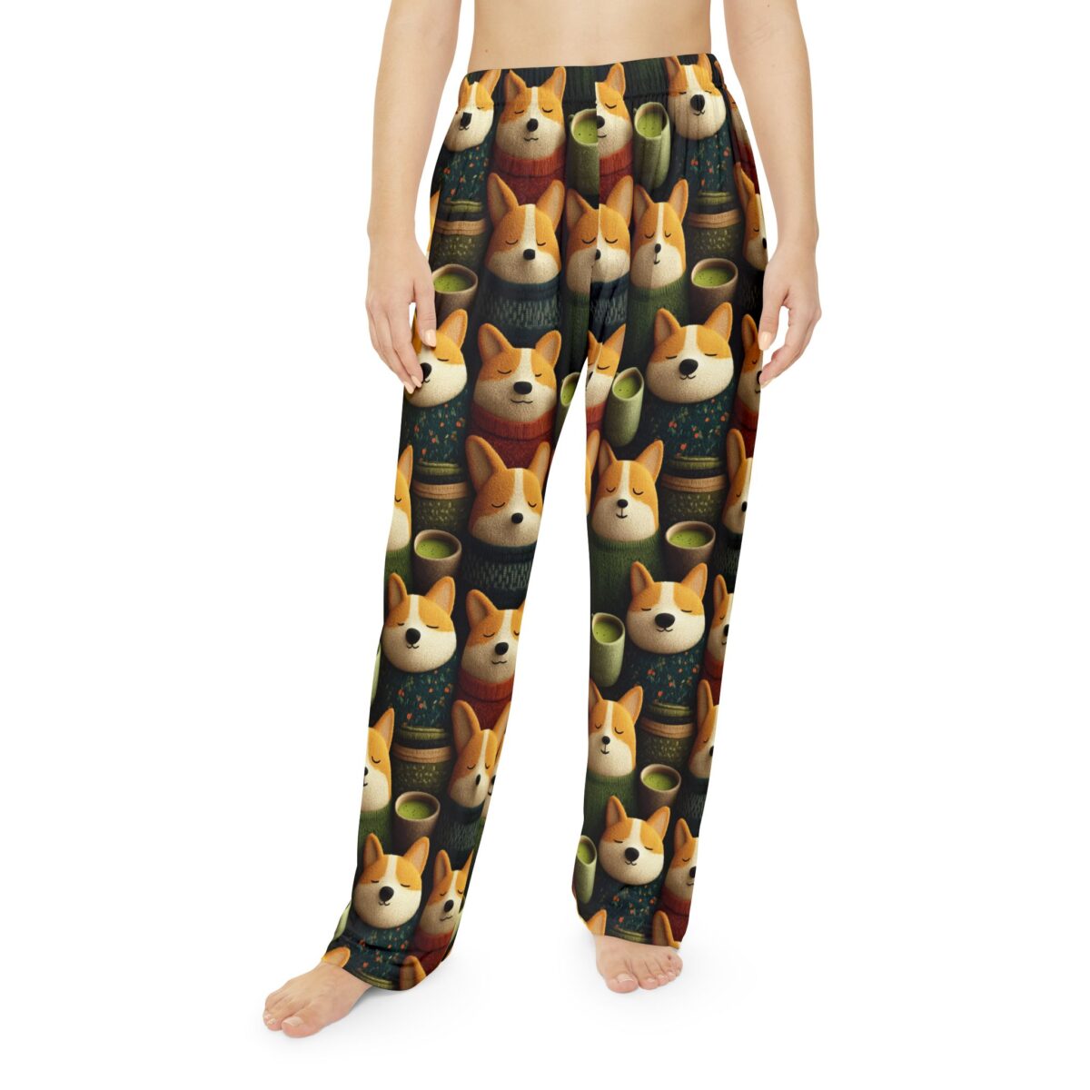 Cute corgi faces and green tea cups all over print sublimation pajama pants.
