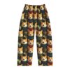 All over print pajama pants featuring cute corgi dogs wearing sweaters and holding matcha tea cups, with a repeating pattern. Seamless sublimation design.