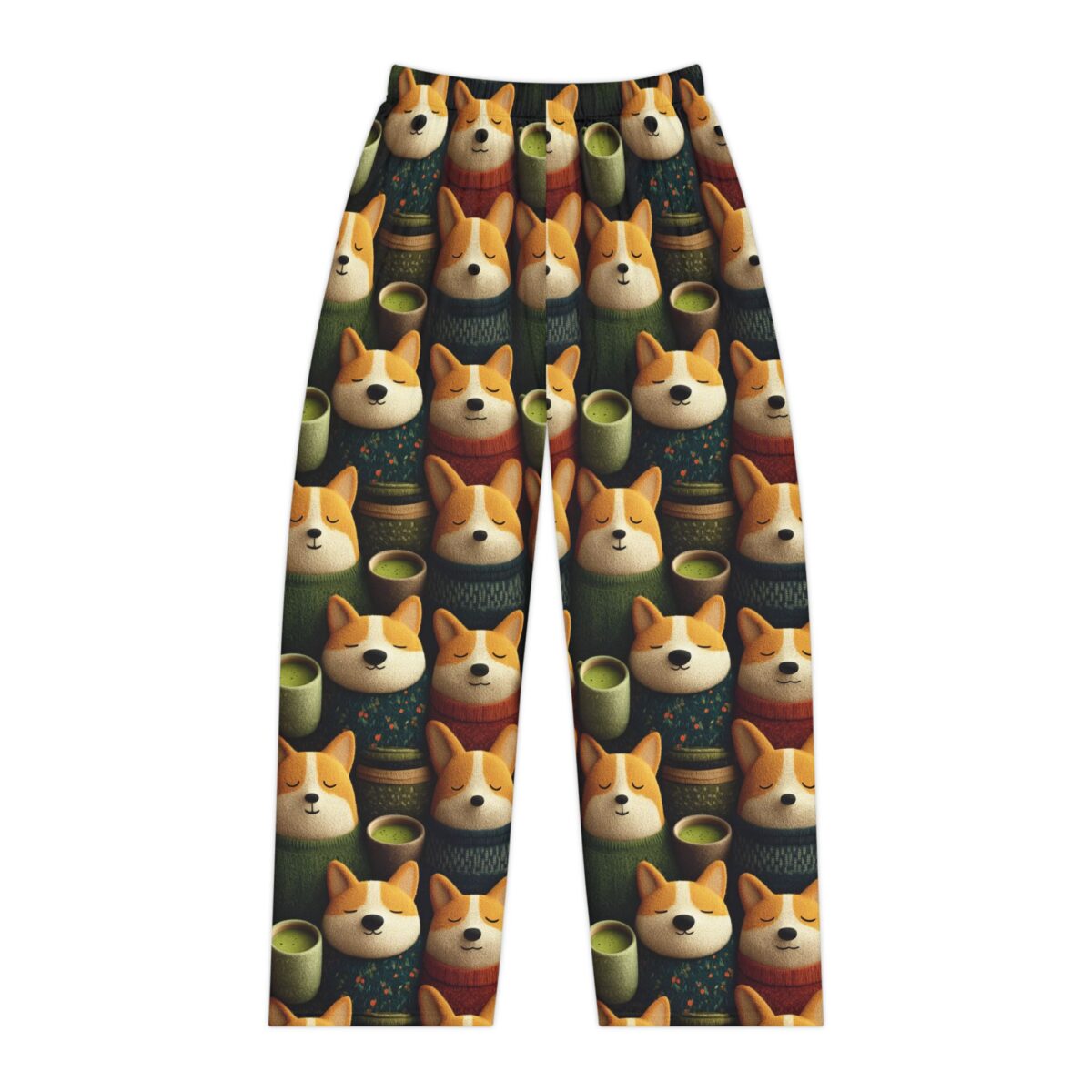 All over print pajama pants featuring cute corgi dogs wearing sweaters and holding matcha tea cups, with a repeating pattern. Seamless sublimation design.
