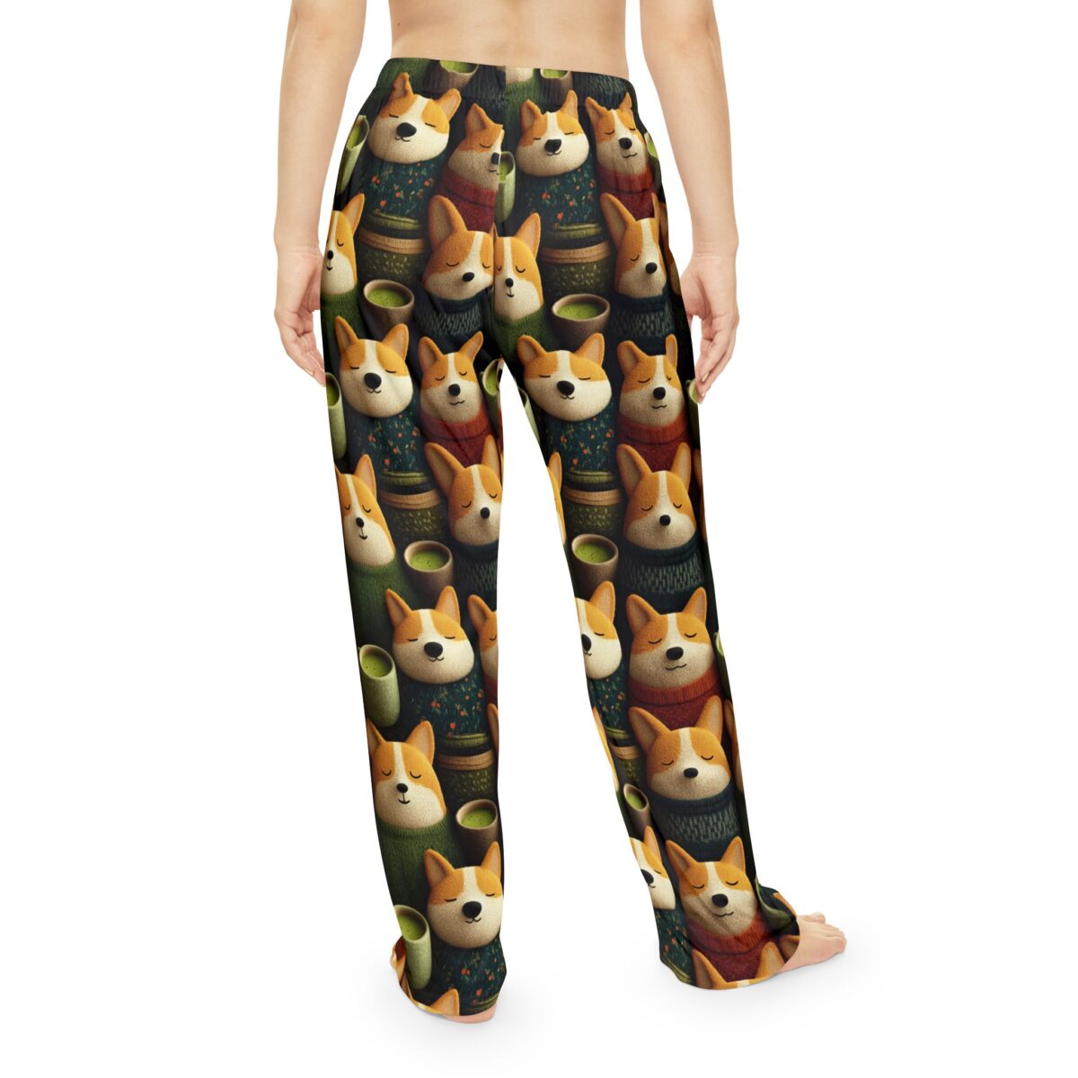 Cute corgi dogs in sweaters and tea cups all over print pajama pants, seamless wrap around graphic design.
