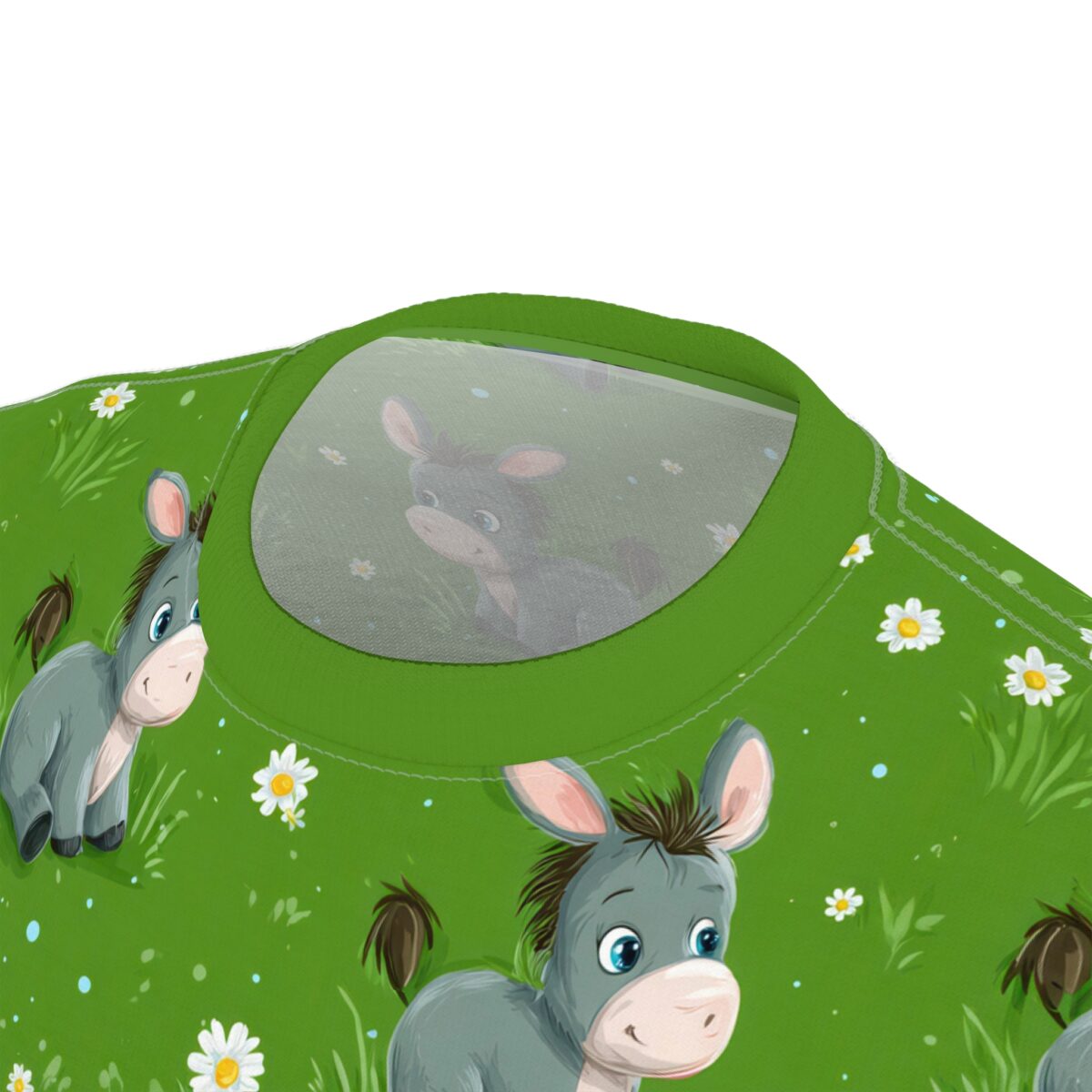 Cute cartoon donkeys and daisies on a green all over print sublimation tee, perfect for kids.