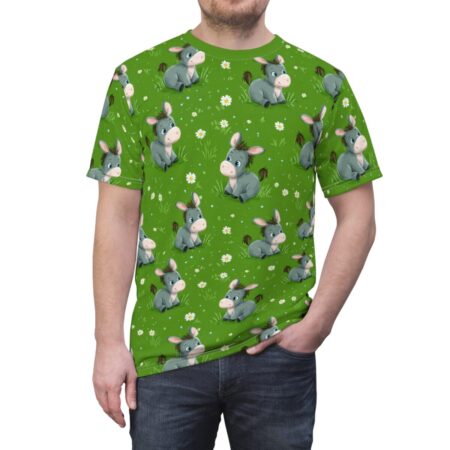 Cute cartoon donkeys in a grassy field with daisies, all over print sublimation tee.