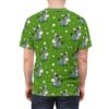 All over print sublimation tee featuring a seamless repeat pattern of adorable grey donkeys on a green floral background.