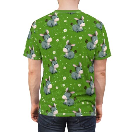 All over print sublimation tee featuring a seamless repeat pattern of adorable grey donkeys on a green floral background.