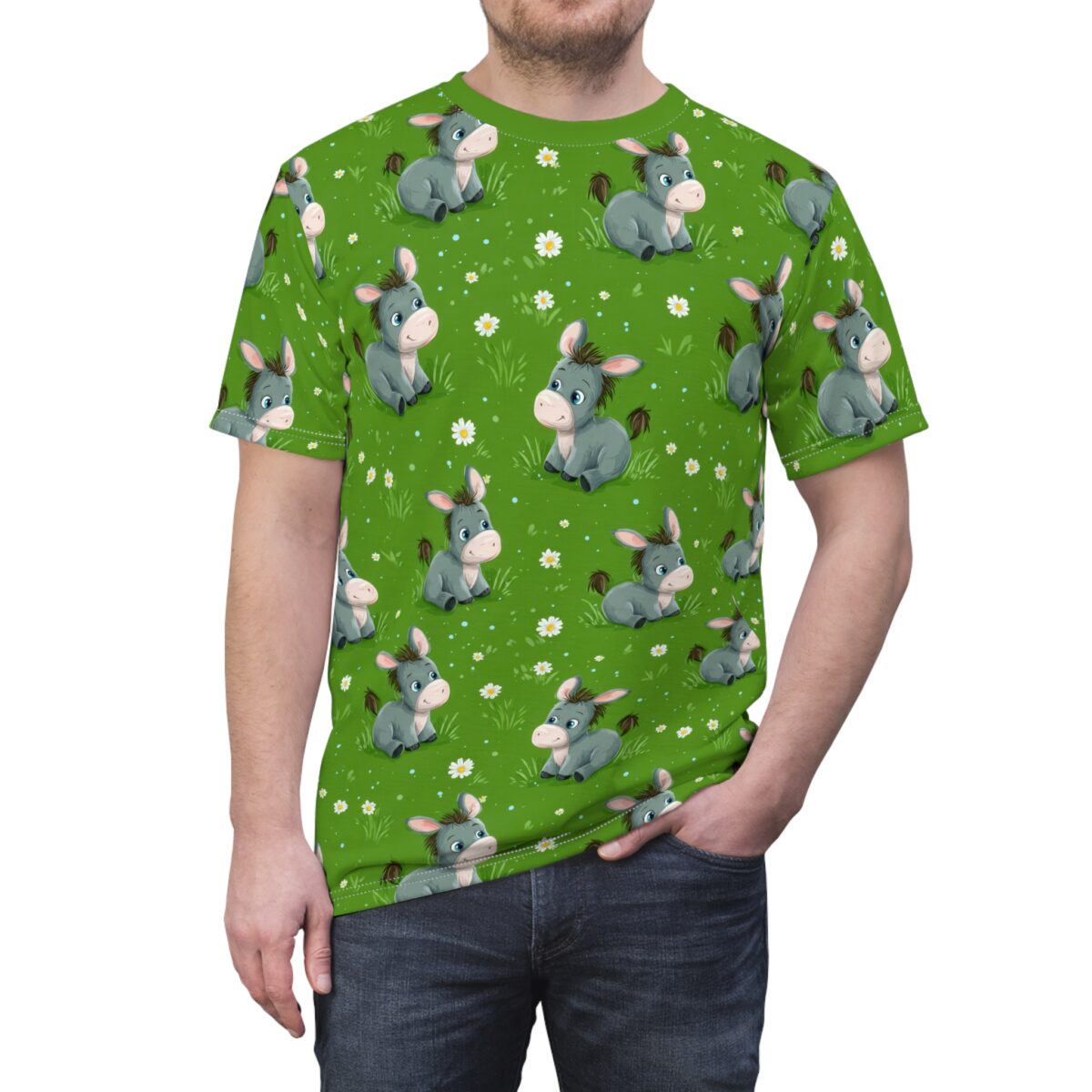 Cute cartoon donkeys in a grassy field with daisies, all over print sublimation tee.