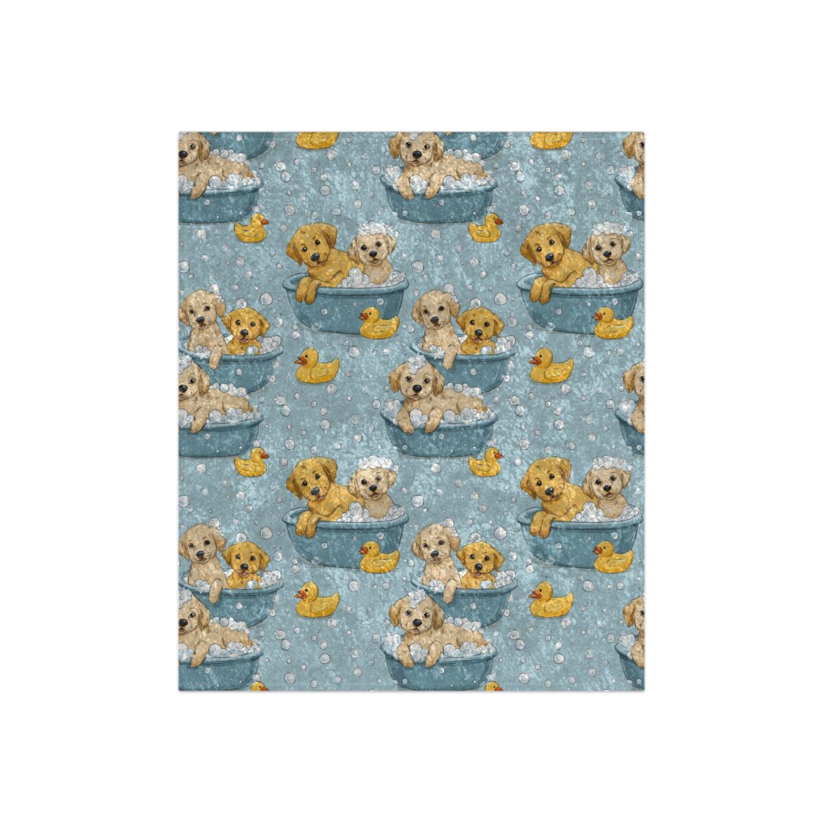 Cute golden retriever puppies and yellow rubber ducks in bathtubs, all over print seamless pattern tee.