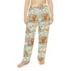 Pajama pants featuring a seamless all over print of cute kittens and golden retriever puppies nestled among wildflowers on a light blue background.
