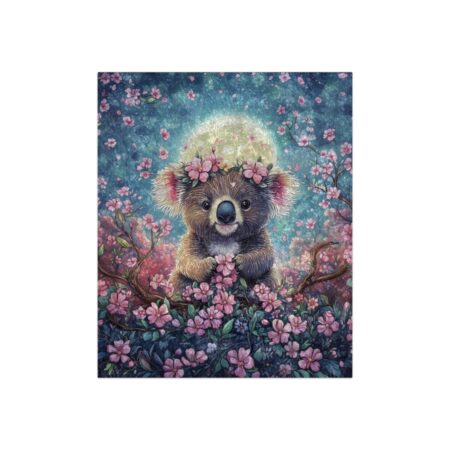 Cute koala bear wearing a floral crown sits in a flowering tree under a full moon, digital art print.