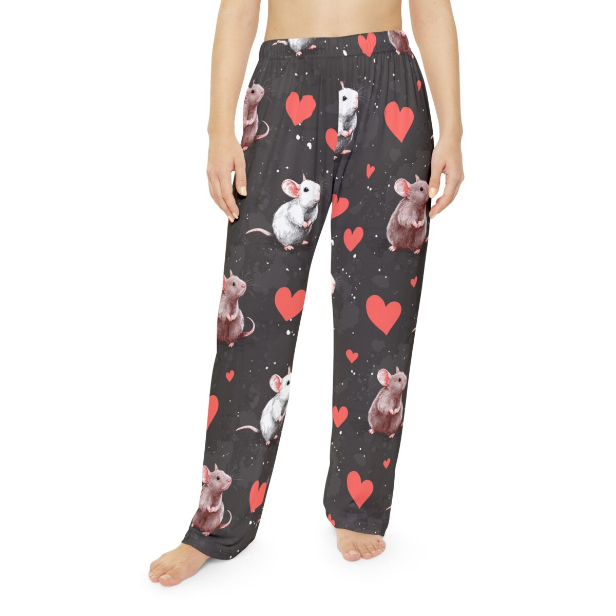 Dark grey pajama pants with a scattered pattern of cute mice and red hearts.
