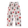 Cute gray mice holding red hearts, with scattered red hearts, on light gray pajama pants.