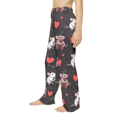 Cute white and brown mice with red hearts graphic all over print pajama pants.