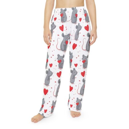 All over print pajama pants with seamless repeat pattern of cartoon grey mice holding red hearts for Valentine's loungewear.