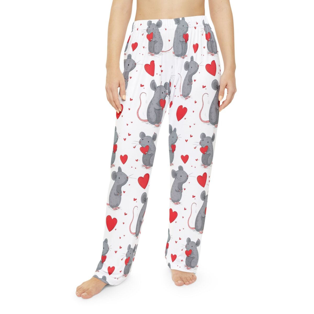 All over print pajama pants with seamless repeat pattern of cartoon grey mice holding red hearts for Valentine's loungewear.