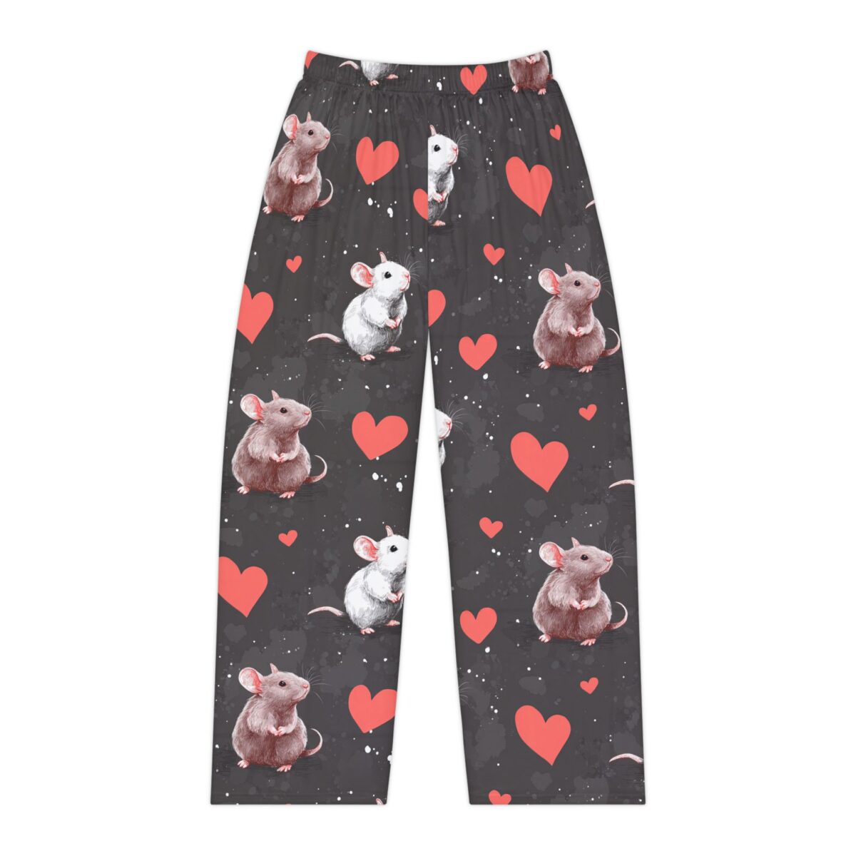 Gray all over print pajama pants with red hearts and cute watercolor mice illustrations.
