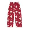 Cute white mice holding hearts, all over print sublimation pajama pants with a red background and scattered pink and orange hearts.