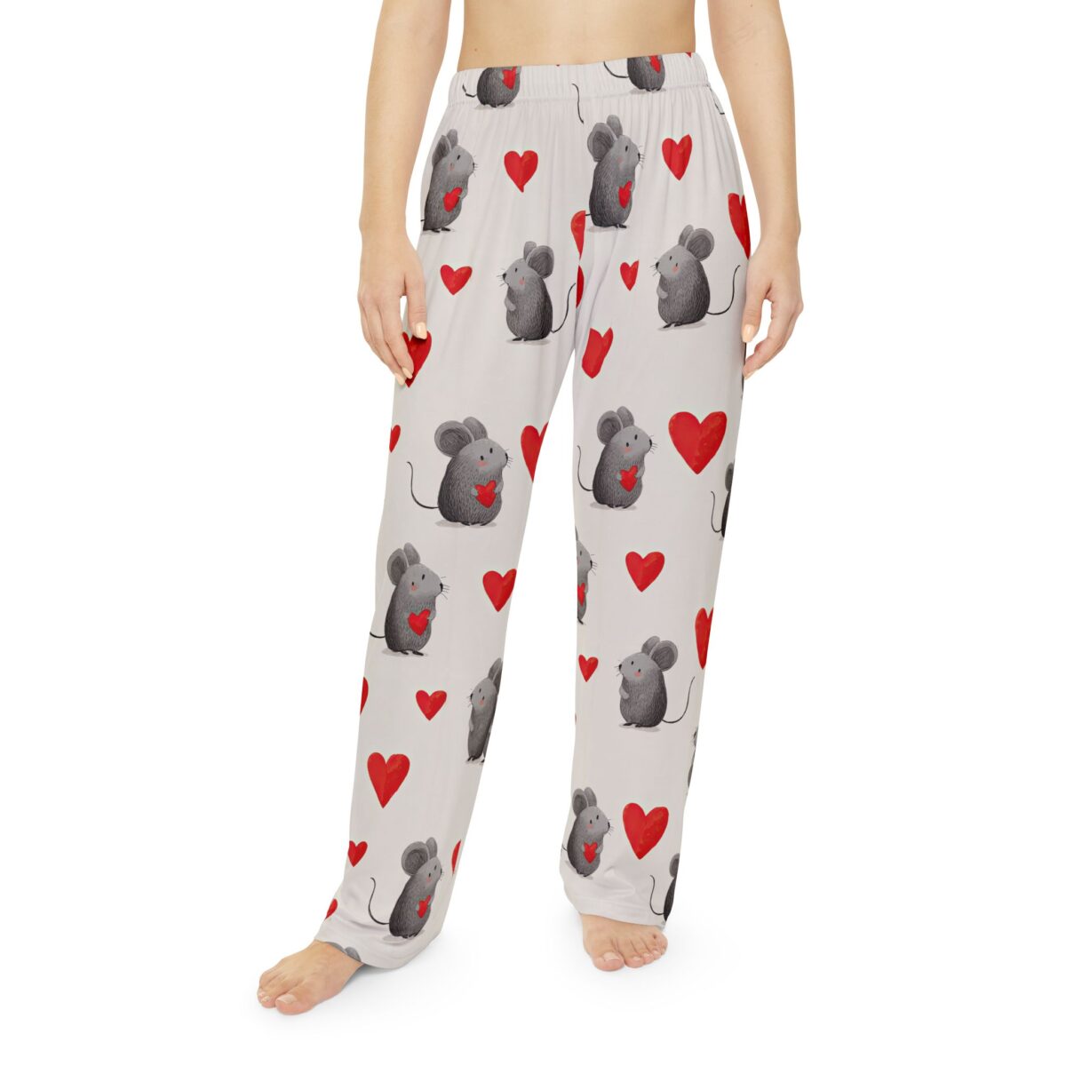 Cute gray mice holding red hearts on light gray all over print pajama pants.