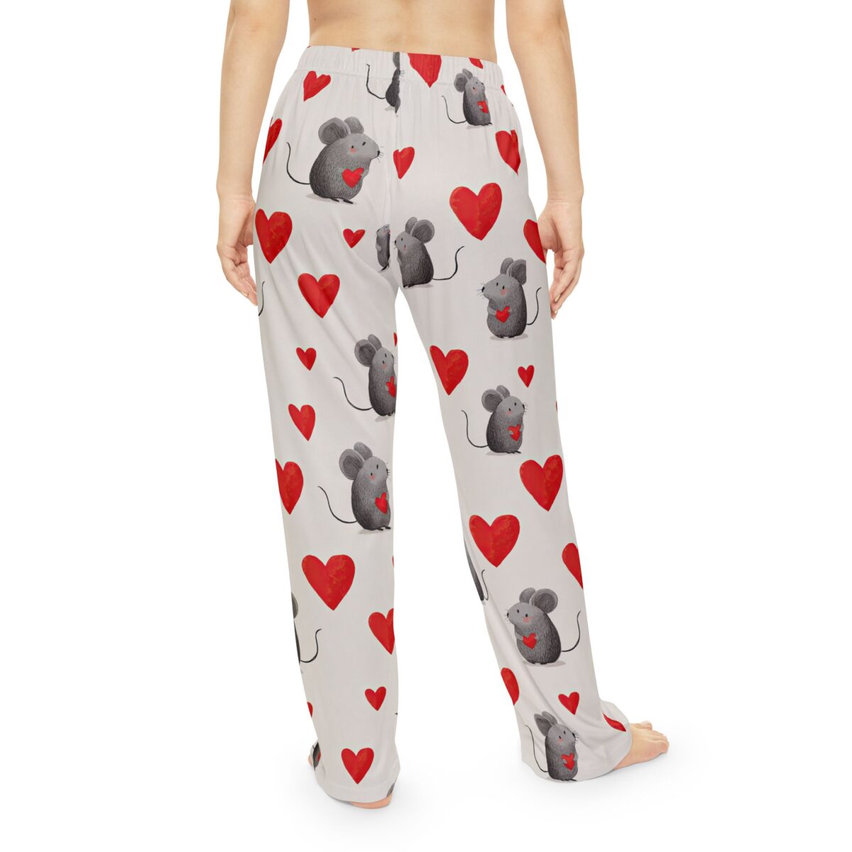 Cute grey mouse holding a red heart graphic on light grey pajama pants with scattered red hearts.