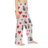 Light gray pajama pants with all-over print of cute gray mice holding red hearts and red hearts.