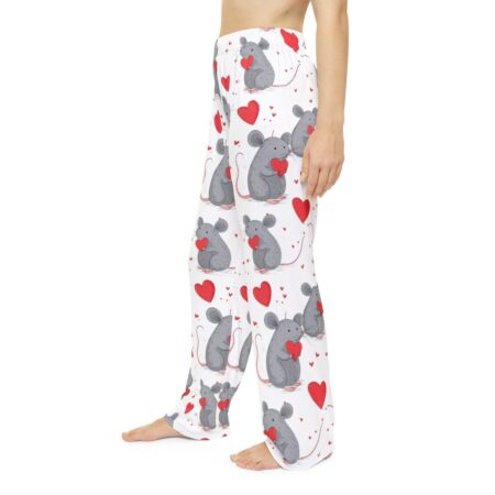 White all over print pajama pants featuring cute grey mice holding red hearts. Seamless print with scattered red hearts.