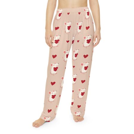 Cute mouse holding a heart graphic on all over print pajama pants with a seamless repeat pattern.