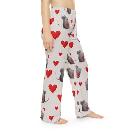Light gray pajama pants with all-over print of cute gray mice holding red hearts and red hearts.