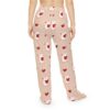 All over print pajama pants featuring a cute white mouse holding a red heart graphic and scattered red hearts on a beige background.