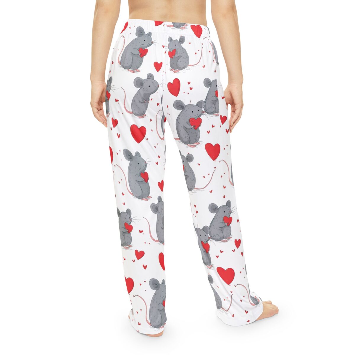 White pajama pants with a repeating pattern of cute gray mice holding red hearts and scattered red hearts.