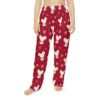 Red pajama pants with all over print of cute white mice holding hearts and scattered red and pink hearts.