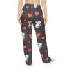Cute mice and red hearts all over print pajama pants, featuring a black background with splattered white details.