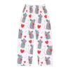 All over print pajama pants featuring a seamless pattern of cute gray mice holding red hearts on a white background.
