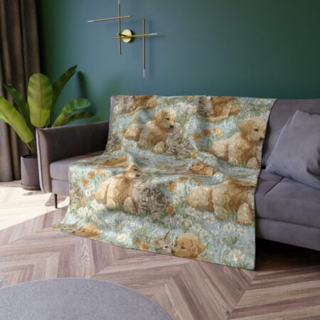 Soft golden retriever puppies and tabby kittens play amongst white daisies and orange flowers on a blue floral print blanket.