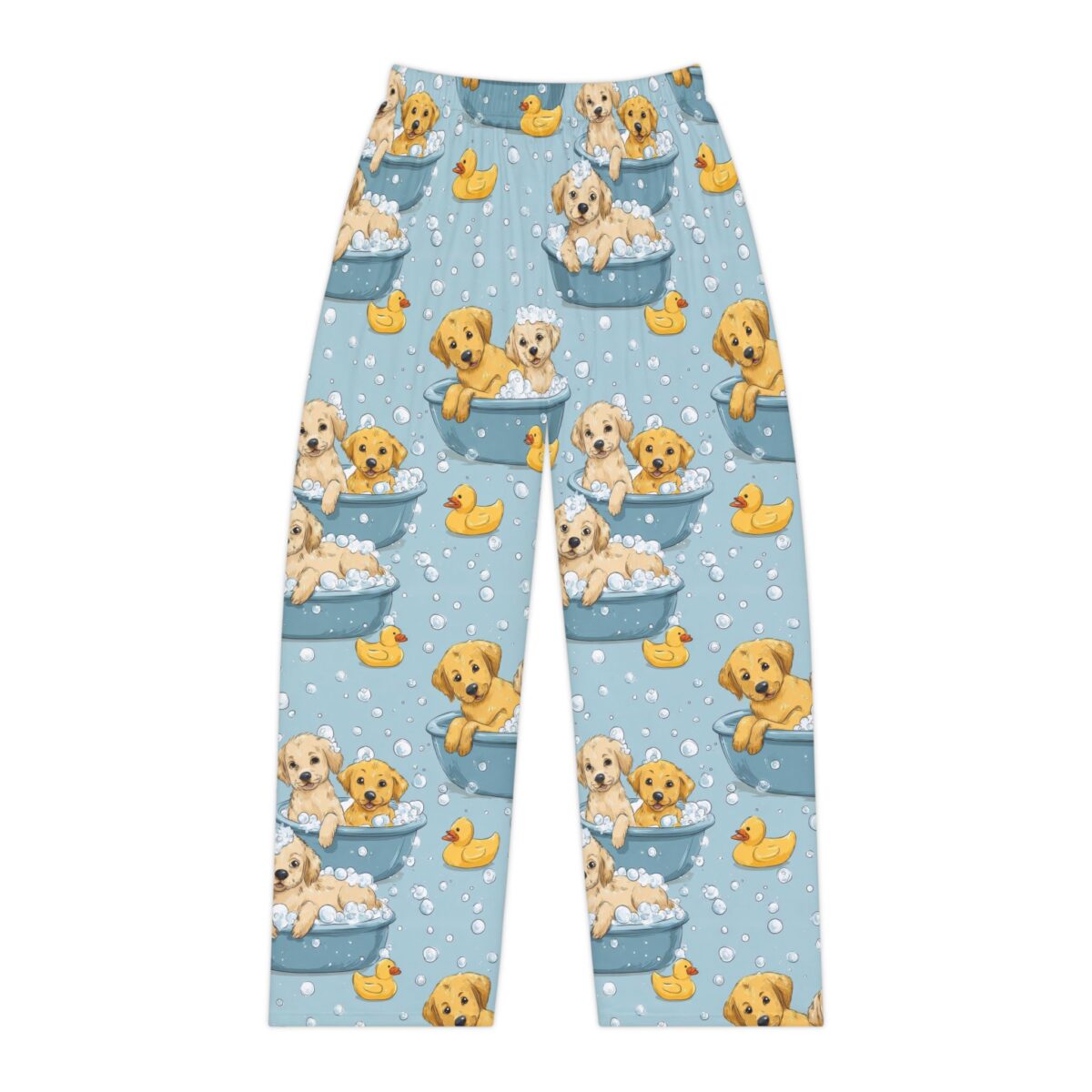 Cute golden retriever puppies in bathtubs with rubber ducks and bubbles all over print sublimation lounge pants.