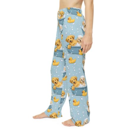 Cute Labrador puppies in blue bathtubs with yellow rubber ducks and bubbles, all over print pajama pants.
