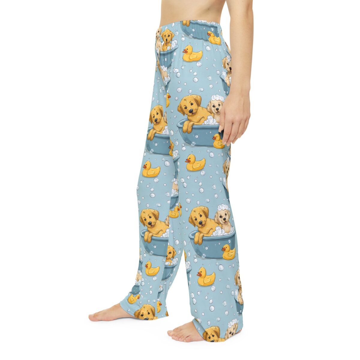Cute Labrador puppies in blue bathtubs with yellow rubber ducks and bubbles, all over print pajama pants.